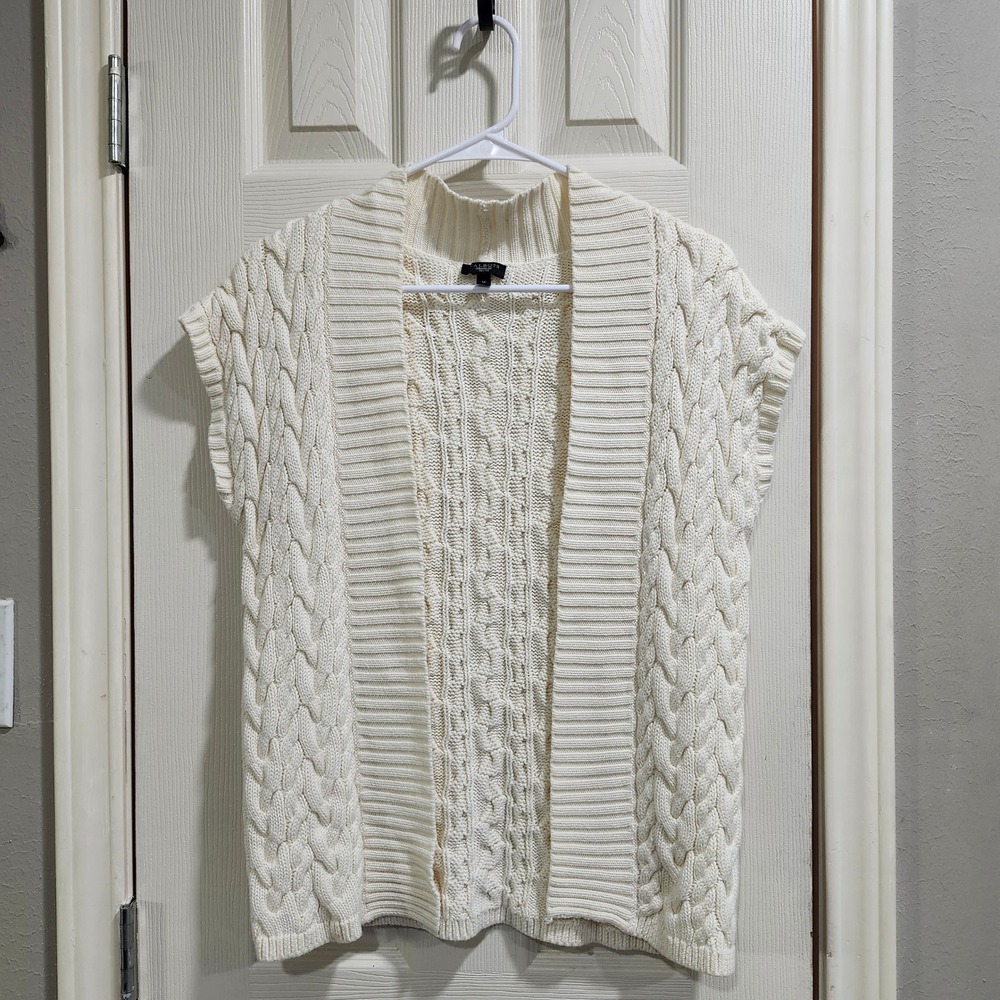 Talbots Petites Cream Cable Knit Open Front Cardigan Vest Ivory PM